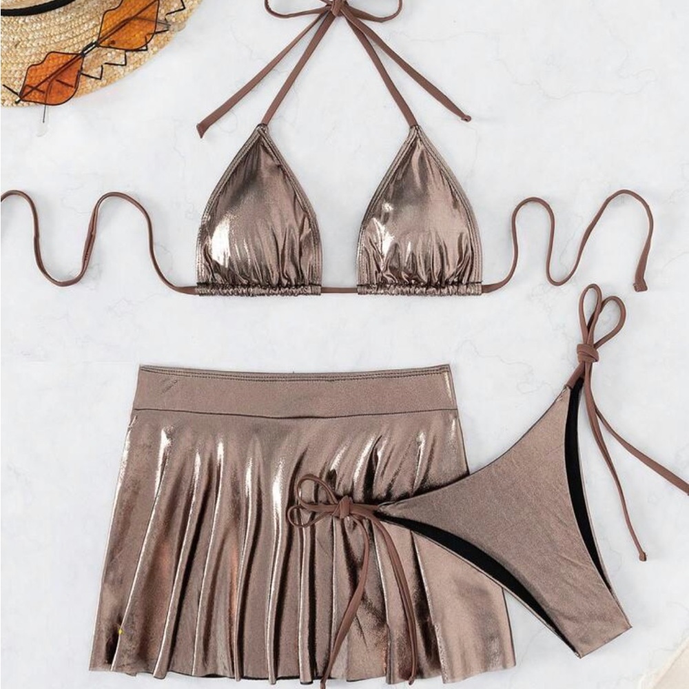 Metallic Halter Triangle Bikini Swimsuit With Beach Skirt